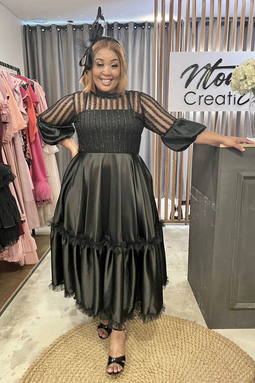 Black Twinkle Satin & Hat Outfit