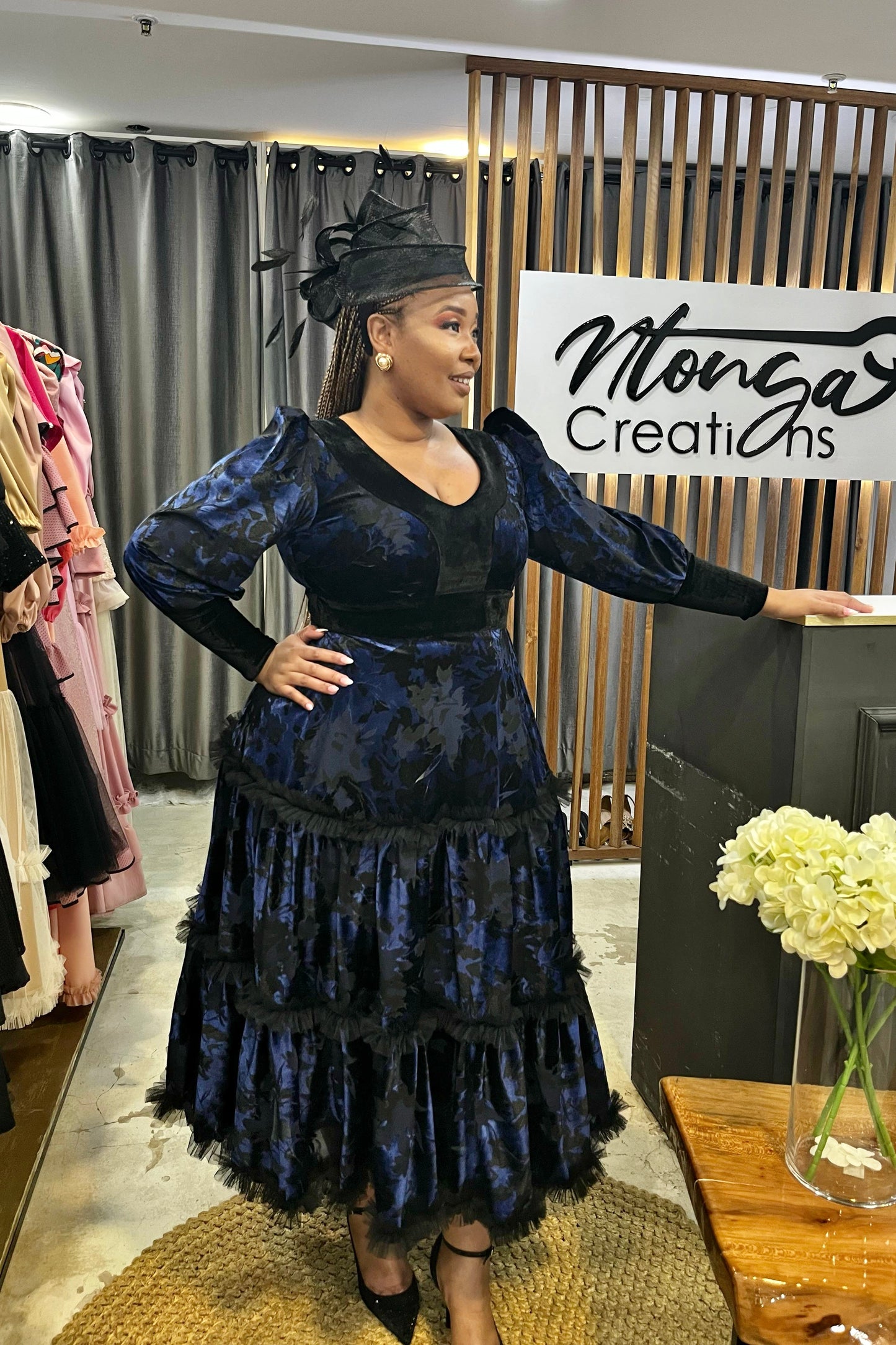 Midnight Bloom Velvet Dress & Hat Set