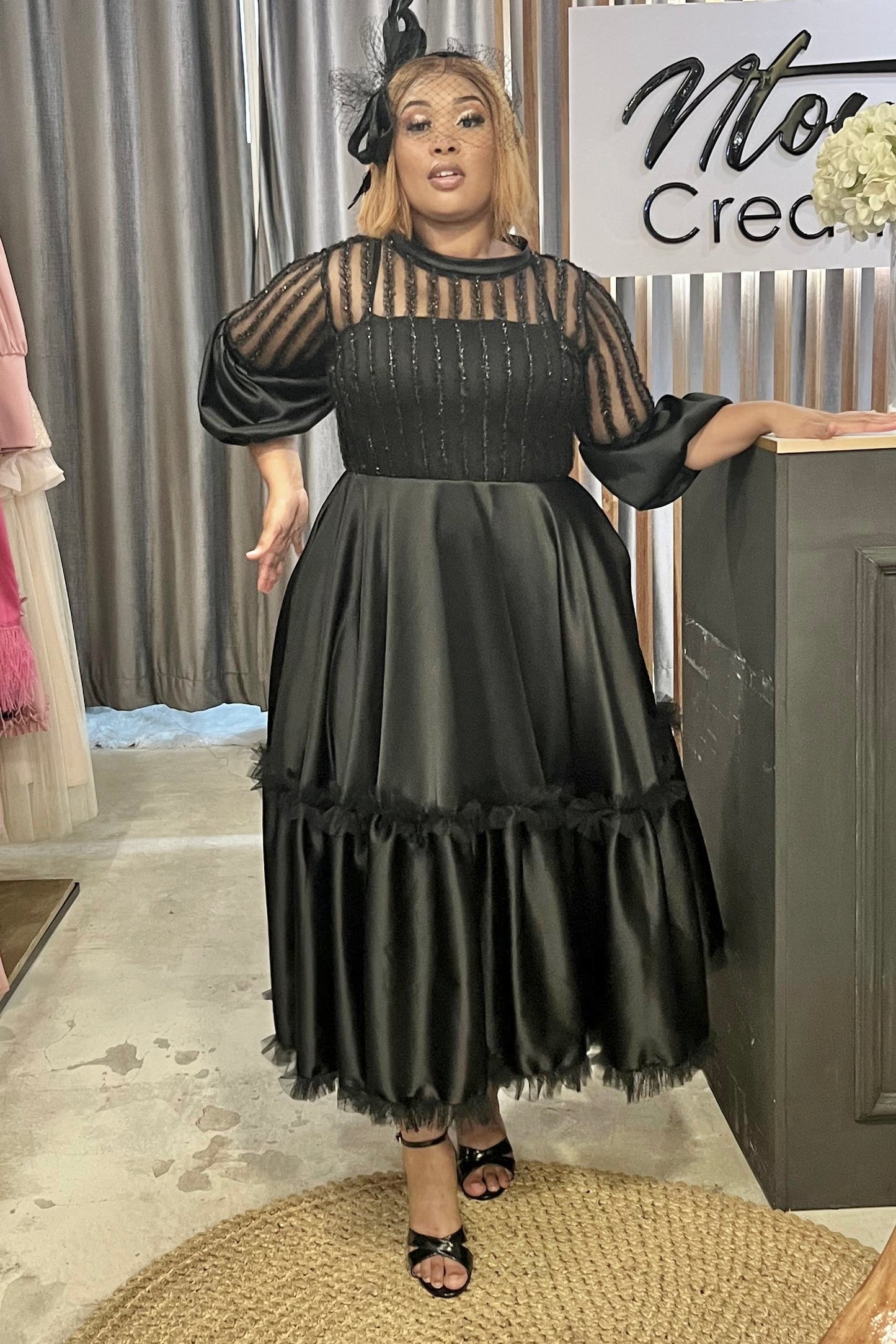 Black Twinkle Satin & Hat Outfit