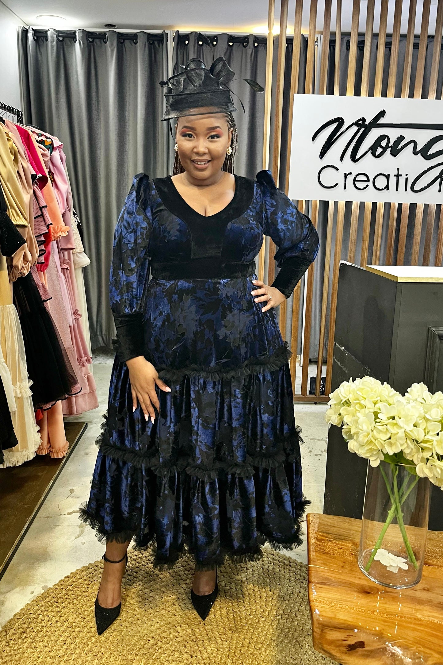 Midnight Bloom Velvet Dress & Hat Set