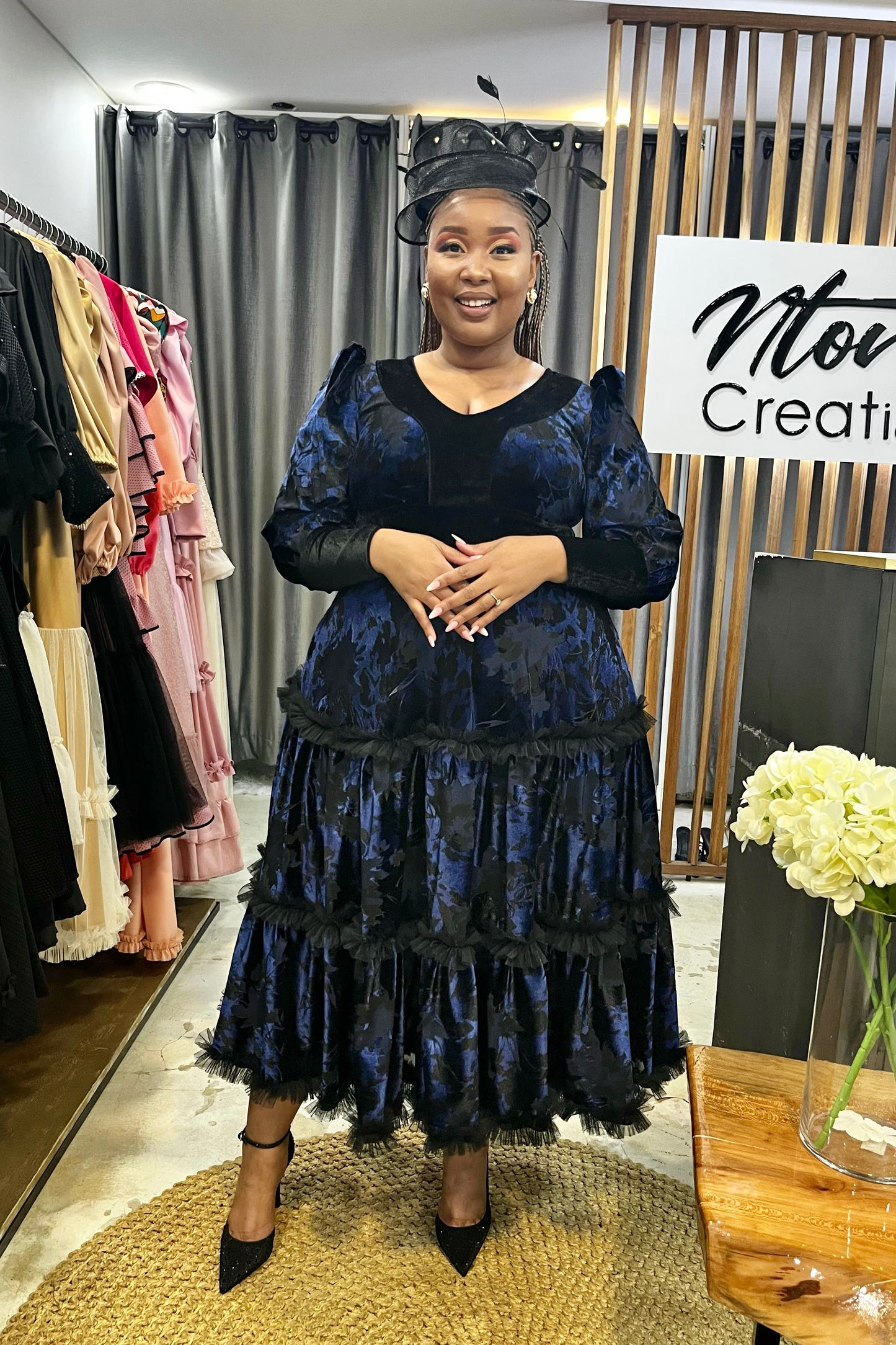 Midnight Bloom Velvet Dress & Hat Set